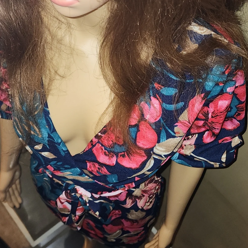 Floral Print, Self-Tie Sash, Mini Dress, Small, Navy - Picture 6 of 8